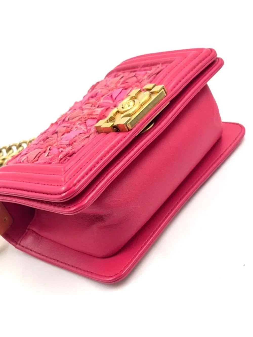 Chanel Boy Small Tweed Lambskin Pink Chain Shoulder Bag Gold